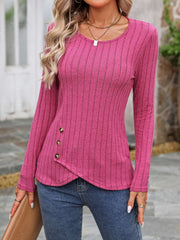 Decorative Button Round Neck Long Sleeve T-Shirt